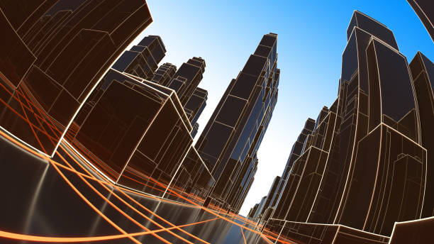 istock Abstract 3D city with luminous lines and black mirror buildings 1131793257
