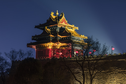 Night view of the Forbidden City corner building in Beijing, China