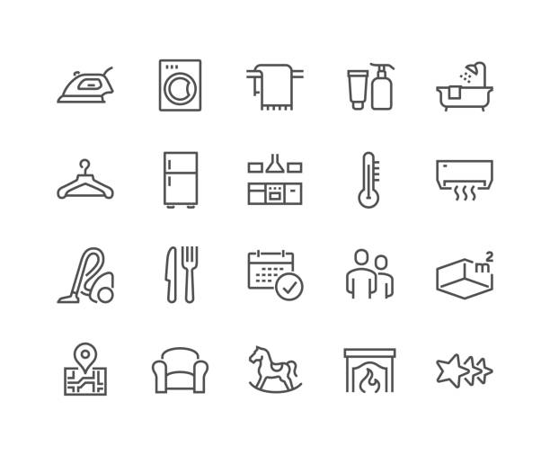 Line Hotel Icons Simple Set of Hotel Related Vector Line Icons. 
Contains such Icons as Available Date Calendar, Toiletries, Room Size and more.
Editable Stroke. 48x48 Pixel Perfect. kitchen stock illustrations