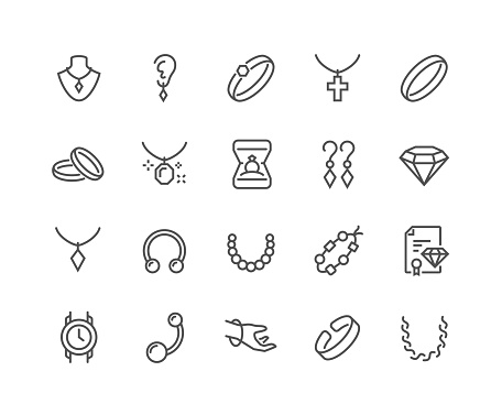 Simple Set of Jewelry Related Vector Line Icons. 
Contains such Icons as Earrings, Body Cross, Engagement Ring and more.
Editable Stroke. 48x48 Pixel Perfect.