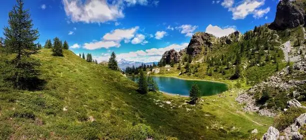 Panoramic view of a beautiful lake in Val Maira in the Italians Alps