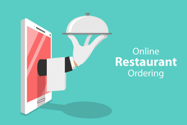 ilustraciones, imágenes clip art, dibujos animados e iconos de stock de concepto de vector isométrico plano de reserva en línea de mesa, reserva móvil. - waiter food restaurant delivering