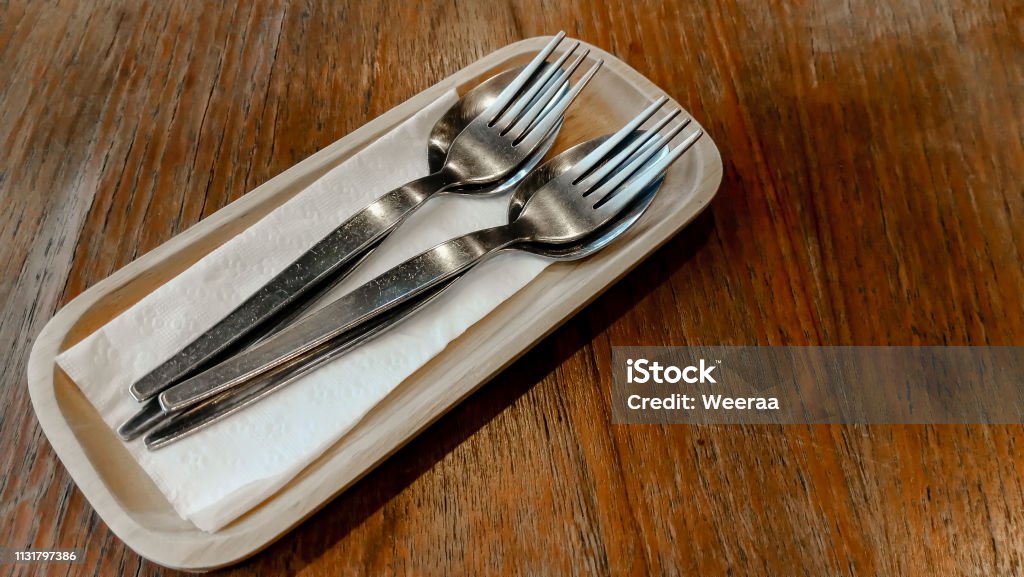 Place Setting Restaurant Silverware Table Wood Material Stock