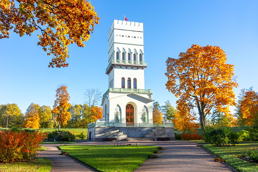White tower in Alexander park in Tsarskoe Selo in autumn, Pushkin, St. Petersburg, Russia