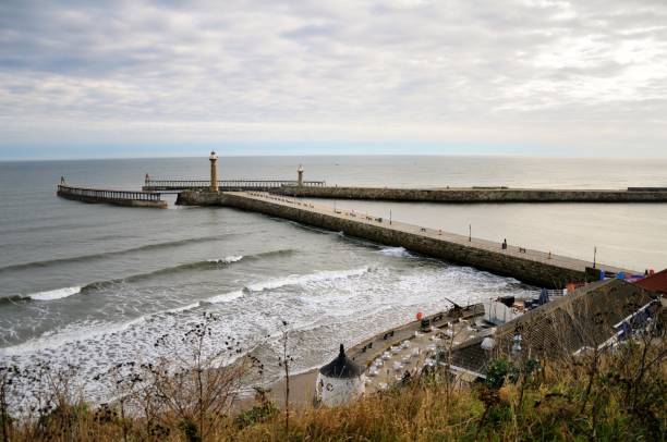 istock Sea pier with a lighthouse. The waves beat on the shore. 1131797932