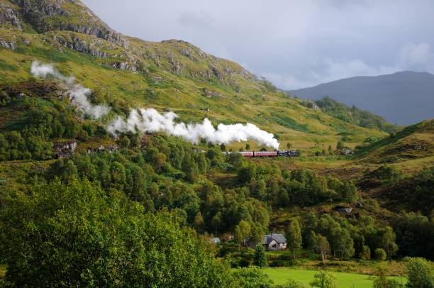 um trem velho em um vale da montanha. o vapor vem do cano. escócia. - fog old stone bridge - fotografias e filmes do acervo