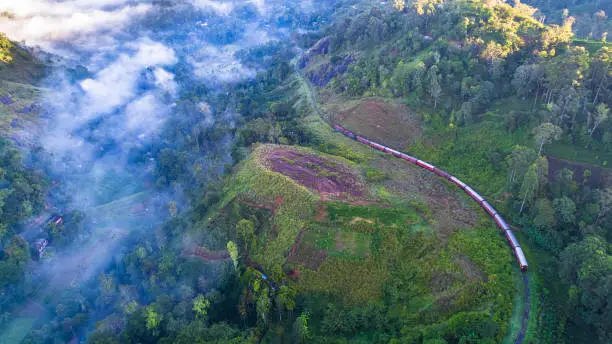 Photo of Aerial. Train from Ella to Kandy in mountains. Sri Lanka.