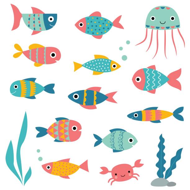 izolowane ryby wektorowe, zestaw elementów kreskówek - animal animal themes sea below stock illustrations