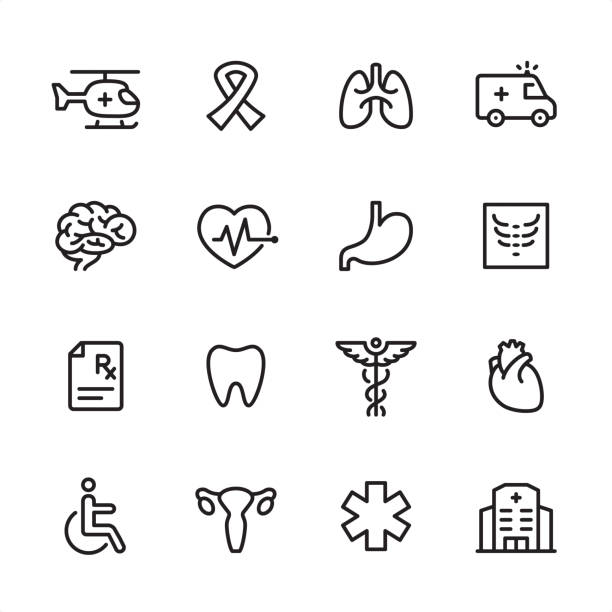ilustraciones, imágenes clip art, dibujos animados e iconos de stock de medicina de emergencia-conjunto de iconos de esquema - medicina de emergencia