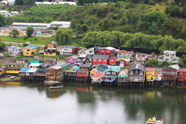 Stilt houses of the small town of Castro in Chiloe island in Chile stock photo