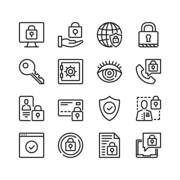 ustawiono ikony ochrony danych. bezpieczeństwo komputerowe, cyberbezpieczeństwo, koncepcje bezpieczeństwa informacji. piksel idealny. liniowe symbole konspektu. cienka linia. zestaw ikon linii wektorowych - secrecy lock locking safe stock illustrations