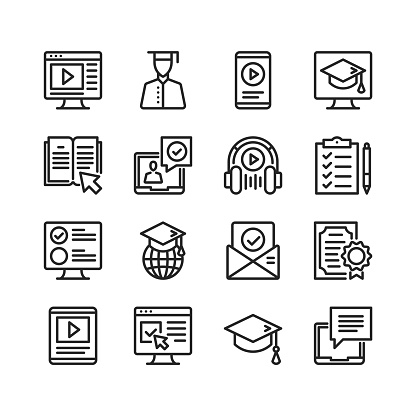 Online education icons set. Online tutorials, e-learning concepts. Pixel perfect. Linear, outline symbols. Thin line design. Vector line icons set