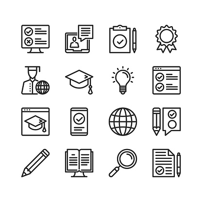 Elearning icons set. Online learning, distance education concepts. Pixel perfect. Linear, outline symbols. Thin line design. Vector line icons set