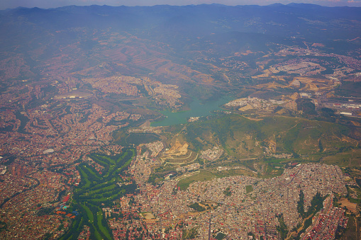 Aerial view over the skyscrapers and parks of the central business district of Mexico City