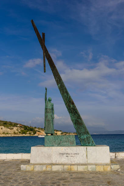 Samos island, Greece - May 21, 2017: the monument of Pythagoras in Pythagorio village, a popular architectural tourist attraction in Samos island