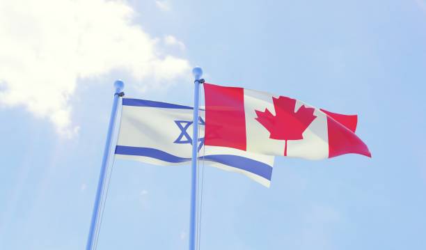 istock Israel and Canada, two flags waving against blue sky 1131811846