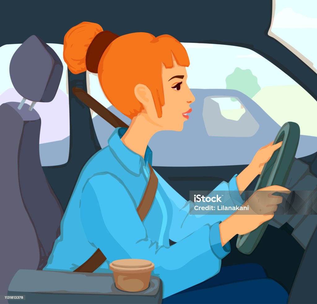 Beautiful young girl with hair bun hairstyle sitting behind the wheel of a car, looking forward, holding hands on steering wheel. Woman driving. Vector cartoon colorful illustration with background. Car stock vector