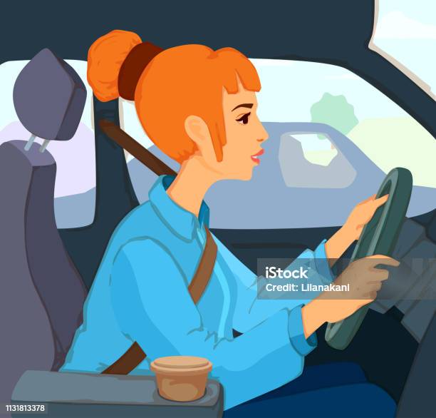 Beautiful Young Girl With Hair Bun Hairstyle Sitting Behind The Wheel Of A Car Looking Forward Holding Hands On Steering Wheel Stock Illustration - Download Image Now