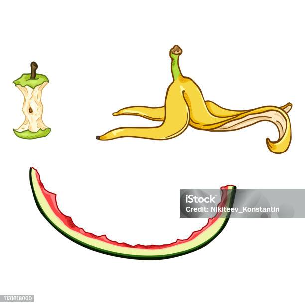 Vector Set Of Cartoon Food Garbage Apple Core Banana Peel And Watermelon Peel Stock Illustration - Download Image Now