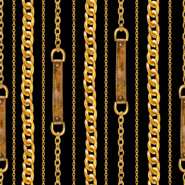 istock Golden chain glamour seamless pattern illustration. Watercolor texture with golden chains and leather belts. 1131818102