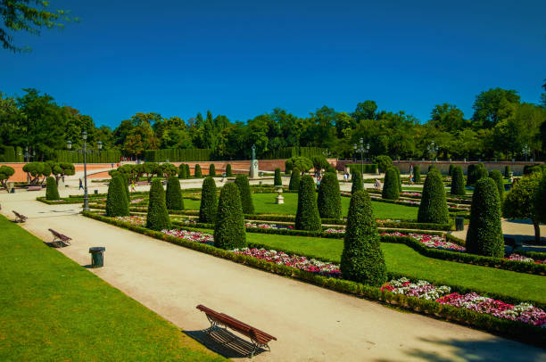 istock Pathway on gardens with trees and benches in a park of Madrid 1131822039