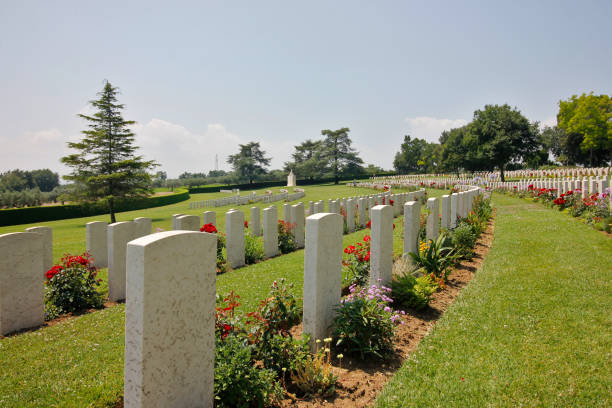 Overview of the Sangro River War Cemetery Torino di Sangro, Province of Chieti, Abruzzo. The semicircular arrangement of the rows of headstones on the slight slope form an amphitheater. At the foot of each tombstone rose plants and other flowers. The cemetery contains 2,617 Commonwealth burials of the Second World War. monumento comemorativo stock pictures, royalty-free photos & images