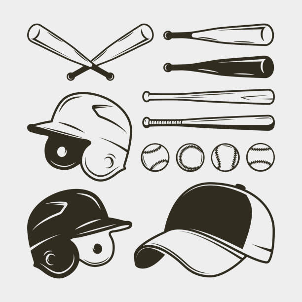 set of baseball equipment and gear. bat, helmet, cap, balls. vector illustration set of baseball equipment and gear. bat, helmet, cap, balls. sport design elements for logotypes and emblems. vector illustration baseball helmet stock illustrations