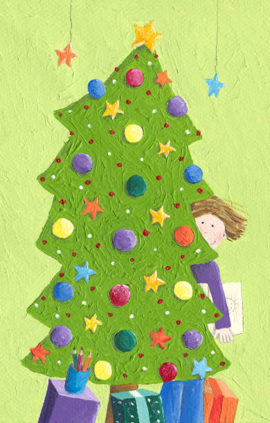 istock Acrylic illustration of a little boy and Christmas tree 1131825850
