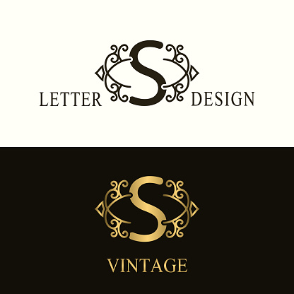 Vector Illustration of Stylish Capital letter S. Vintage Logo. Filigree Beautiful Monogram. Luxury Drawn Emblem. Graceful Style. Black and Gold. Graphic Ornament. Simple Design of Calligraphic Insignia.