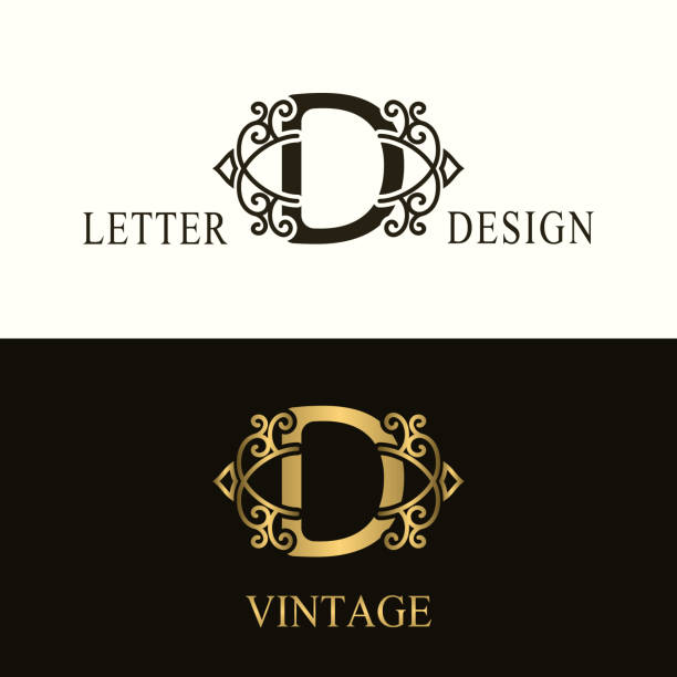 ilustrações de stock, clip art, desenhos animados e ícones de stylish capital letter d. vintage logo. filigree beautiful monogram. luxury drawn emblem. graceful style. black and gold. graphic ornament. simple design of calligraphic insignia. vector illustration - 3144