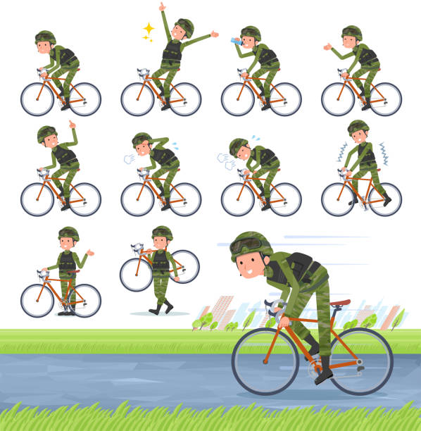 illustrations, cliparts, dessins animés et icônes de type plat militaire usure man_road vélo - cycling bicycle occupation men