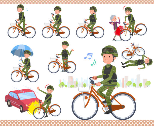 illustrations, cliparts, dessins animés et icônes de type plat militaire usure man_city cycle - cycling bicycle occupation men