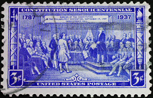1937  United States postage stamp commemorating the constitution signed in Philadelphia in 1787.