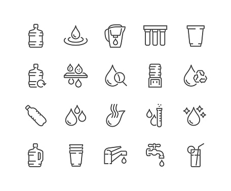 Simple Set of Water Related Vector Line Icons. 
Contains such Icons as Filter, Moister, Water Tap and more.
Editable Stroke. 48x48 Pixel Perfect.