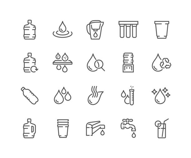 Line Water Icons Simple Set of Water Related Vector Line Icons. 
Contains such Icons as Filter, Moister, Water Tap and more.
Editable Stroke. 48x48 Pixel Perfect. filtration stock illustrations