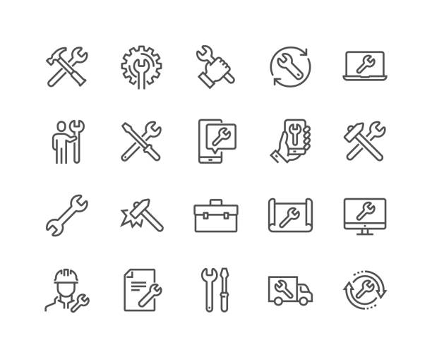 ilustraciones, imágenes clip art, dibujos animados e iconos de stock de iconos de reparación de línea - wrench