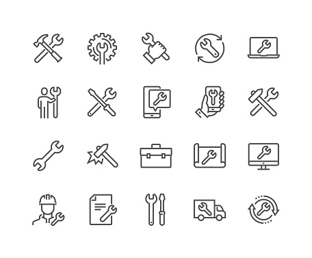 Simple Set of Repair Related Vector Line Icons. 
Contains such Icons as Screwdriver, Engineer, Tech Support and more.
Editable Stroke. 48x48 Pixel Perfect.