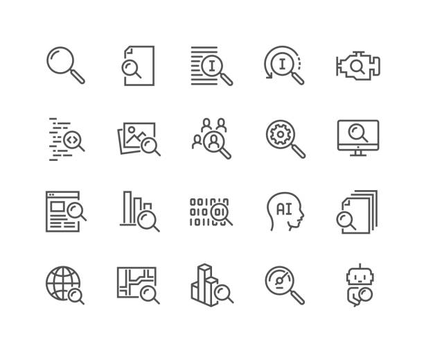 Line Search Icons Simple Set of Search Related Vector Line Icons. 
Contains such Icons as Reverse Indexation, Search Bot, Artificial Intelligence and more.
Editable Stroke. 48x48 Pixel Perfect. magnifying glass photos stock illustrations