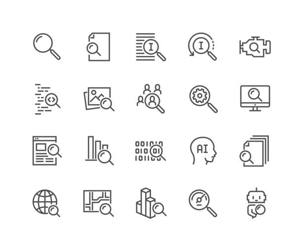 Line Search Icons Simple Set of Search Related Vector Line Icons. 
Contains such Icons as Reverse Indexation, Search Bot, Artificial Intelligence and more.
Editable Stroke. 48x48 Pixel Perfect. discovery stock illustrations