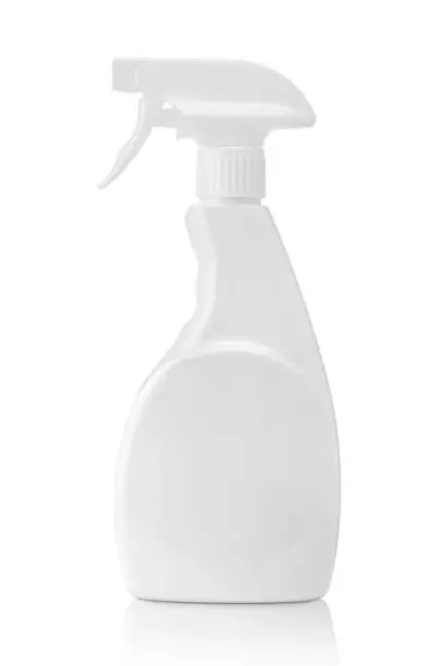 Photo of White blank plastic spray bottle isolated on white. Packaging mockup.