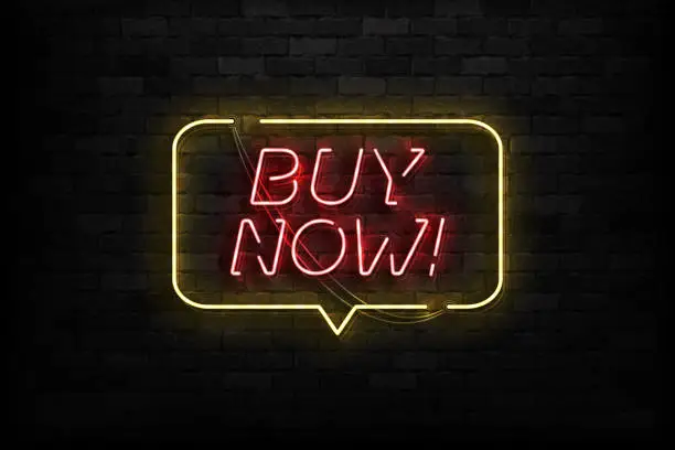 Vector illustration of Vector realistic isolated neon sign of Buy Now logo for template decoration and covering on the wall background. Concept of online shopping and e-commerce.