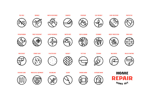 Home repair and building icons set in thin line style. For packaging, label and web design. Isolated on white background