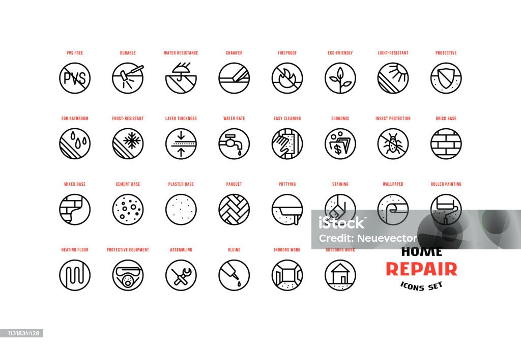 Home repair and building icons set in thin line style Home repair and building icons set in thin line style. For packaging, label and web design. Isolated on white background Icon Symbol stock vector