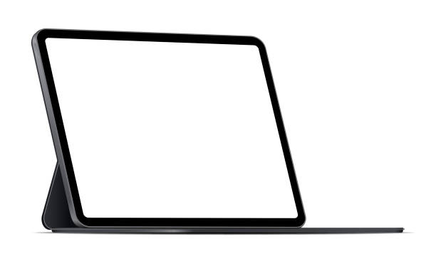 moderner tablet-computer-stand mit leerem bildschirm auf weißem hintergrund isoliert - produktion tablet stock-grafiken, -clipart, -cartoons und -symbole