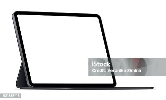 istock Modern tablet computer stand with blank screen isolated on white background 1131835148