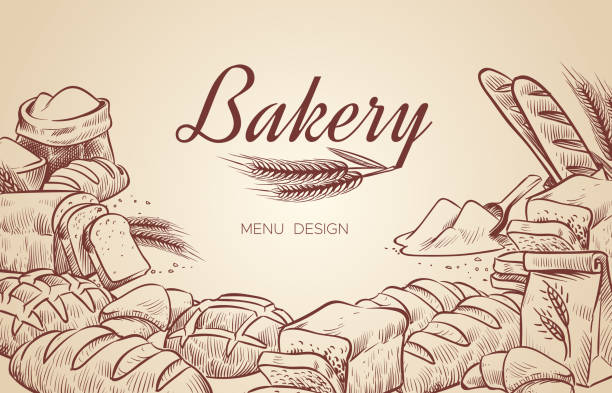 illustrazioni stock, clip art, cartoni animati e icone di tendenza di sfondo panetteria. pane da cucina disegnato a mano panificazione bagel pane pasticceria cottura cottura culinaria vettoriale menu design - food and drink croissant french culture bakery