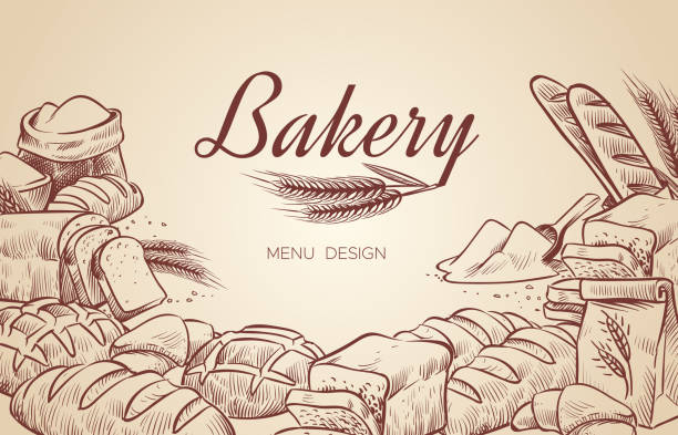 Bakery background. Hand drawn cooking bread bakery bagel breads pastry bake baking culinary vector menu design Bakery background. Hand drawn cooking bread bakery bagel breads pastry bake baking culinary vector menu design poster bread patterns stock illustrations