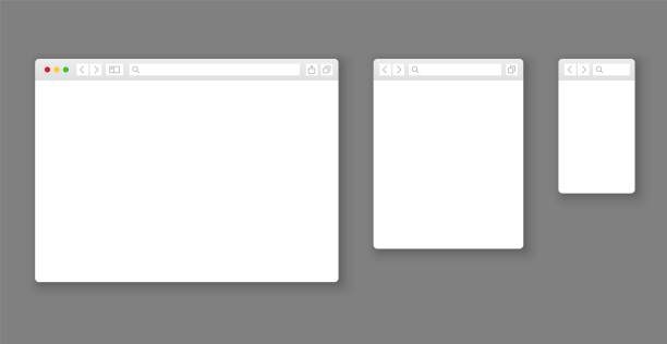 ilustrações de stock, clip art, desenhos animados e ícones de browser mockups. website different devices web window mobile screen internet flat template empty page network row vector set - navegador web
