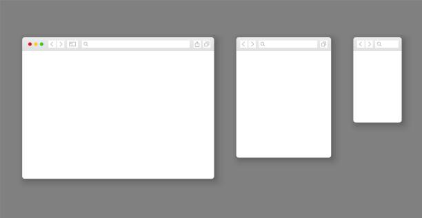 Browser mockups. Website different devices web window mobile screen internet flat template empty page network row vector set Browser mockups. Website different devices web window mobile screen internet flat template empty page network row vector set web templates stock illustrations