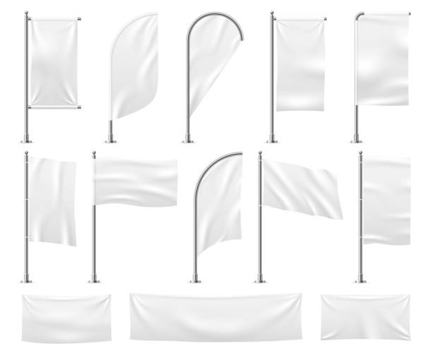 White flags set. Blank banner mockup empty waving fabric canvas poster pennant beach advertising flag vector isolated template White flags set. Blank banner mockup empty waving fabric canvas poster pennant beach advertising flag vector isolated template blank flag stock illustrations
